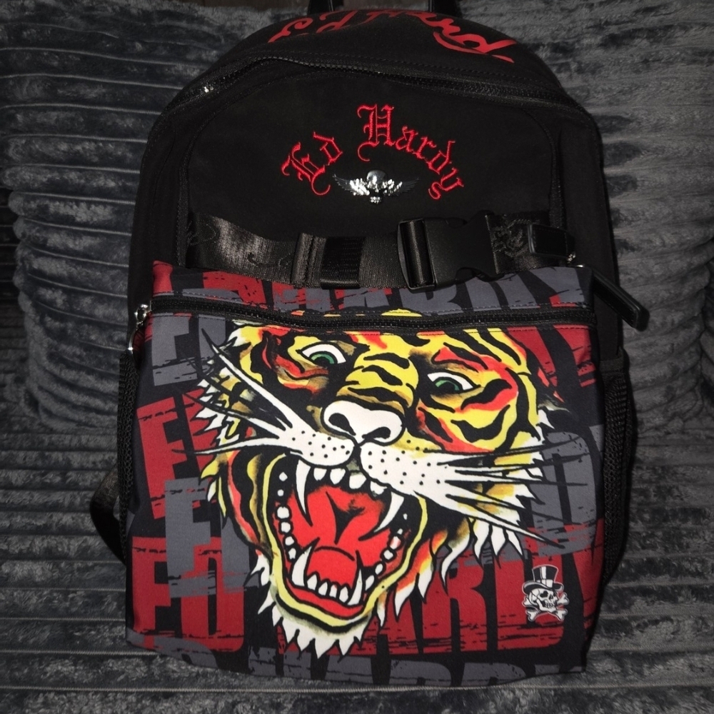 Ed Hardy Tiger Design Backpack in Black and Red